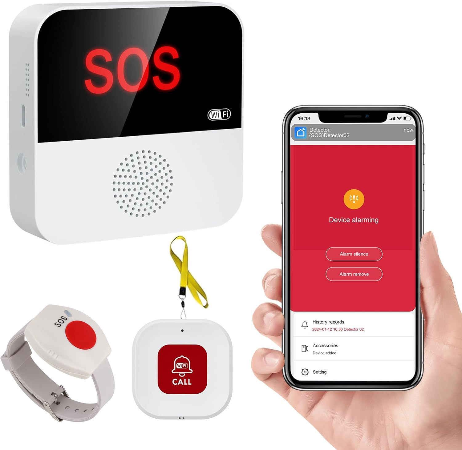 WiFi Pager, Caregiver Pagers Life Alert Systems for Seniors no Monthly Fee, 1 Receiver and 1 SOS Panic Button & 1 Watch Pager, Compatible with Tuya Smart/Smart Life APP