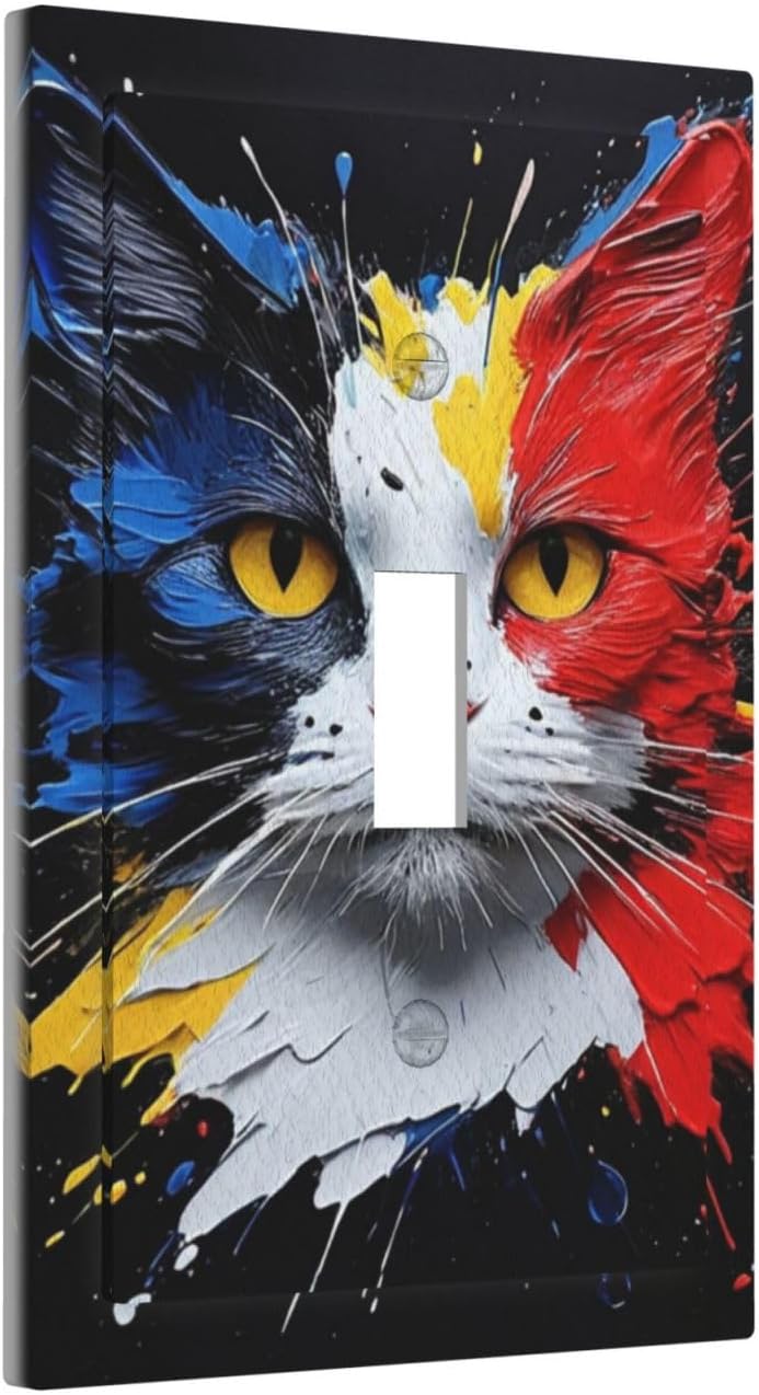 Decorative Light Switch Cover Plate Colorful Doodle Cute Funny Black Red White Cat 1 Gang Wall Plate Oversized Single Toggle Wall Cover Plate Jumbo Switchplate Faceplate