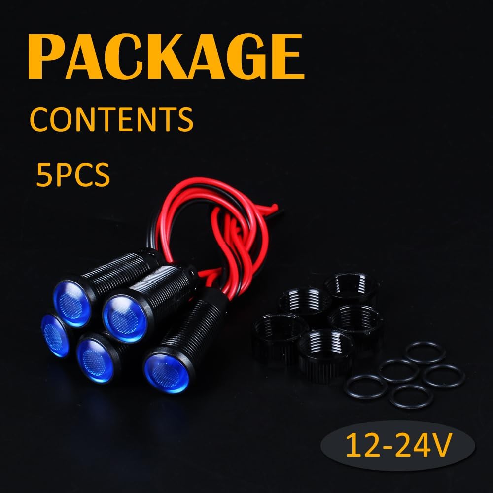 5pcs 10mm LED Indicator Light Plastic Black Signal Dot Lamp 12V-24V 2/5" Mounting Hole Size with 15cm/5.9in. Wire (Blue LED)