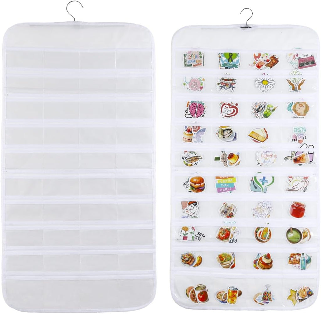 UCEC 2Pack Hanging Sticker Display Stand Double-Sided 80 Pocket Hanging Sticker Holder Organizer with Transparent Pockets, Portable Sticker Store for Classroom, Vendors, and Jewelry Organizer (White)