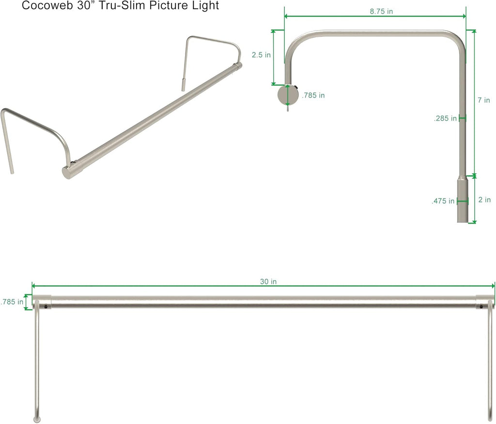 Cocoweb 30 Inch Tru-Slim Satin Nickel Picture Light - LED, 2700K, Adjustable Arm, Plug-in, Toggle Switch, Sleek and Compact Design