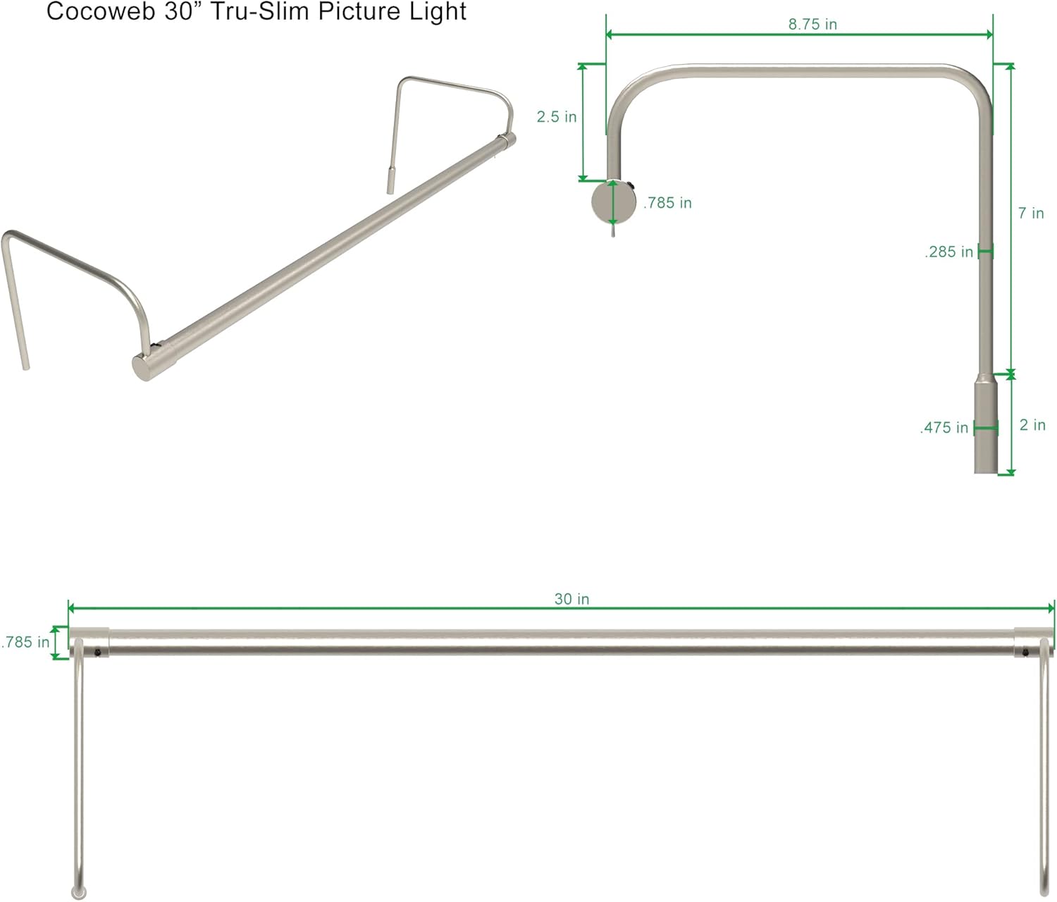 Cocoweb 30 Inch Tru-Slim Satin Nickel Picture Light - LED, 2700K, Adjustable Arm, Plug-in, Toggle Switch, Sleek and Compact Design