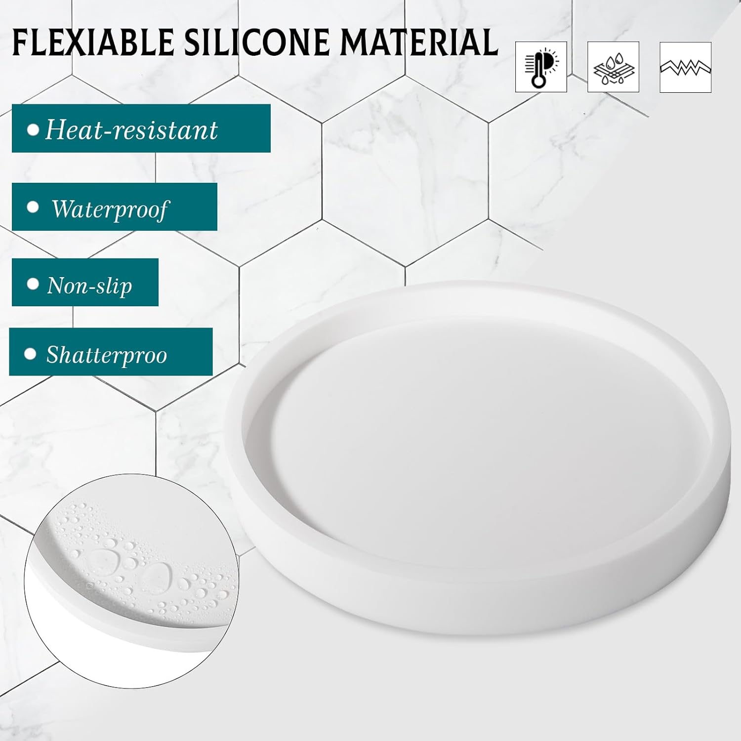 Silicone Bathroom Tray Round Vanity Tray Decorative Soap Holder Kitchen Countertop Organizer Coffee Table Decor for Candle, Perfume, Plant, 9 Inch, White