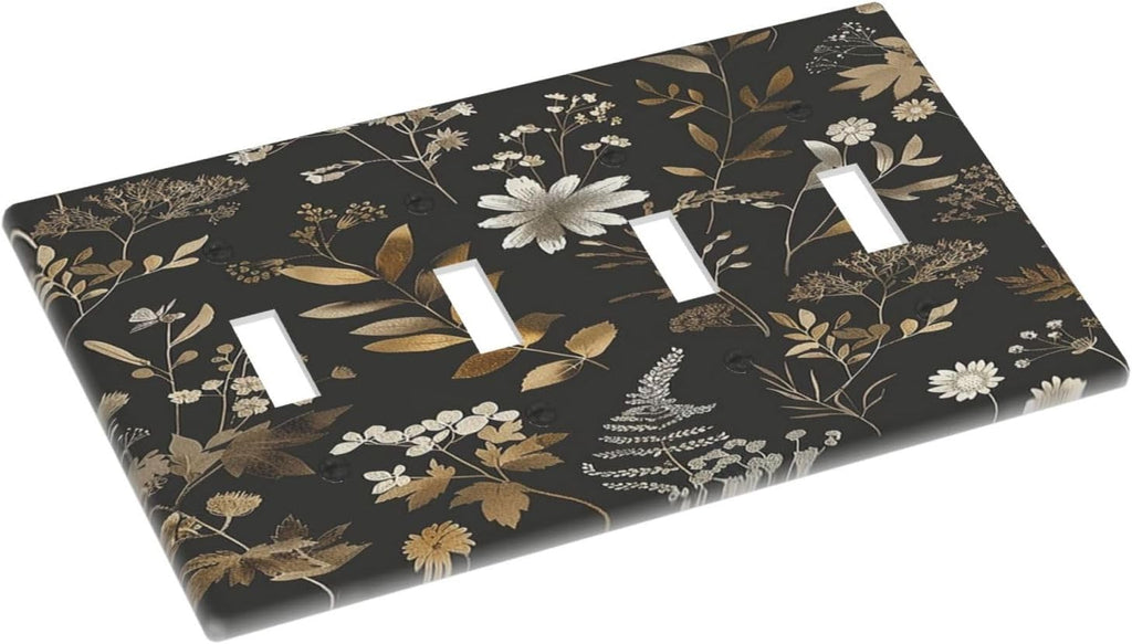 Light Switch Covers Black Gold Floral Dark Leaves Vintage Flowers Quad Toggle Electrical Faceplate 4 Gang Wall Plate Decorative Switch Plates for Bed Room Home Decor