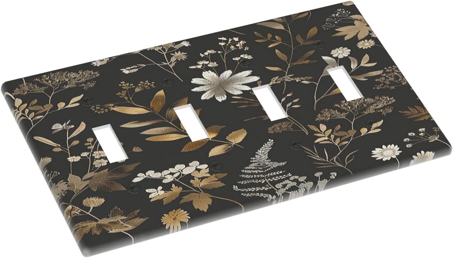 Light Switch Covers Black Gold Floral Dark Leaves Vintage Flowers Quad Toggle Electrical Faceplate 4 Gang Wall Plate Decorative Switch Plates for Bed Room Home Decor