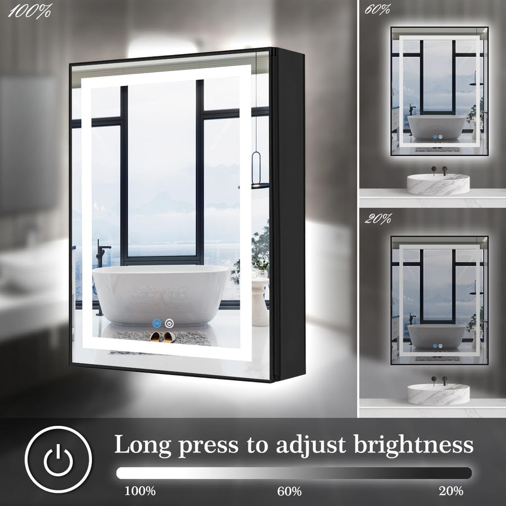 32 x 20 Inch Black Medicine Cabinet Mirror with Lights, 3 Color Lights, Memory Adjustable Brightness, Moisture Resistant, Bathroom