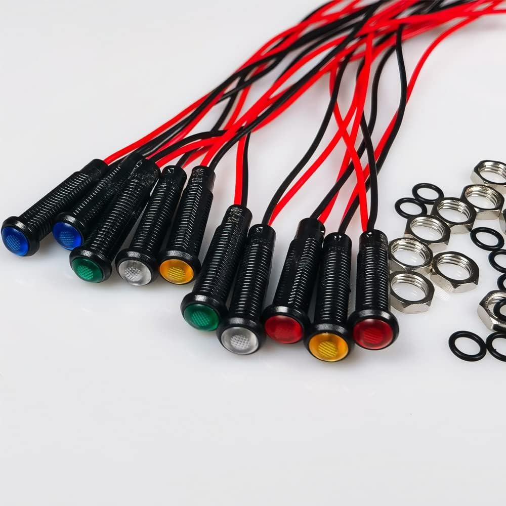 10pcs LED Plastic Indicator Pilot Light AC/DC 12-24V Mounting Hole Size 6mm(Red/Orange/Blue/Green/White)
