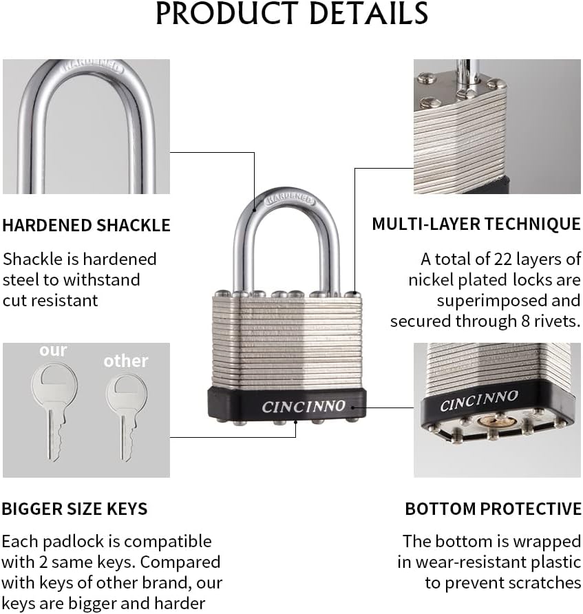 40mm Keyed Alike Nickel Plated Laminated Steel Padlock, 1-9/16" Wide Body 1-inch Shackle Padlocks with Keys Pack of 12