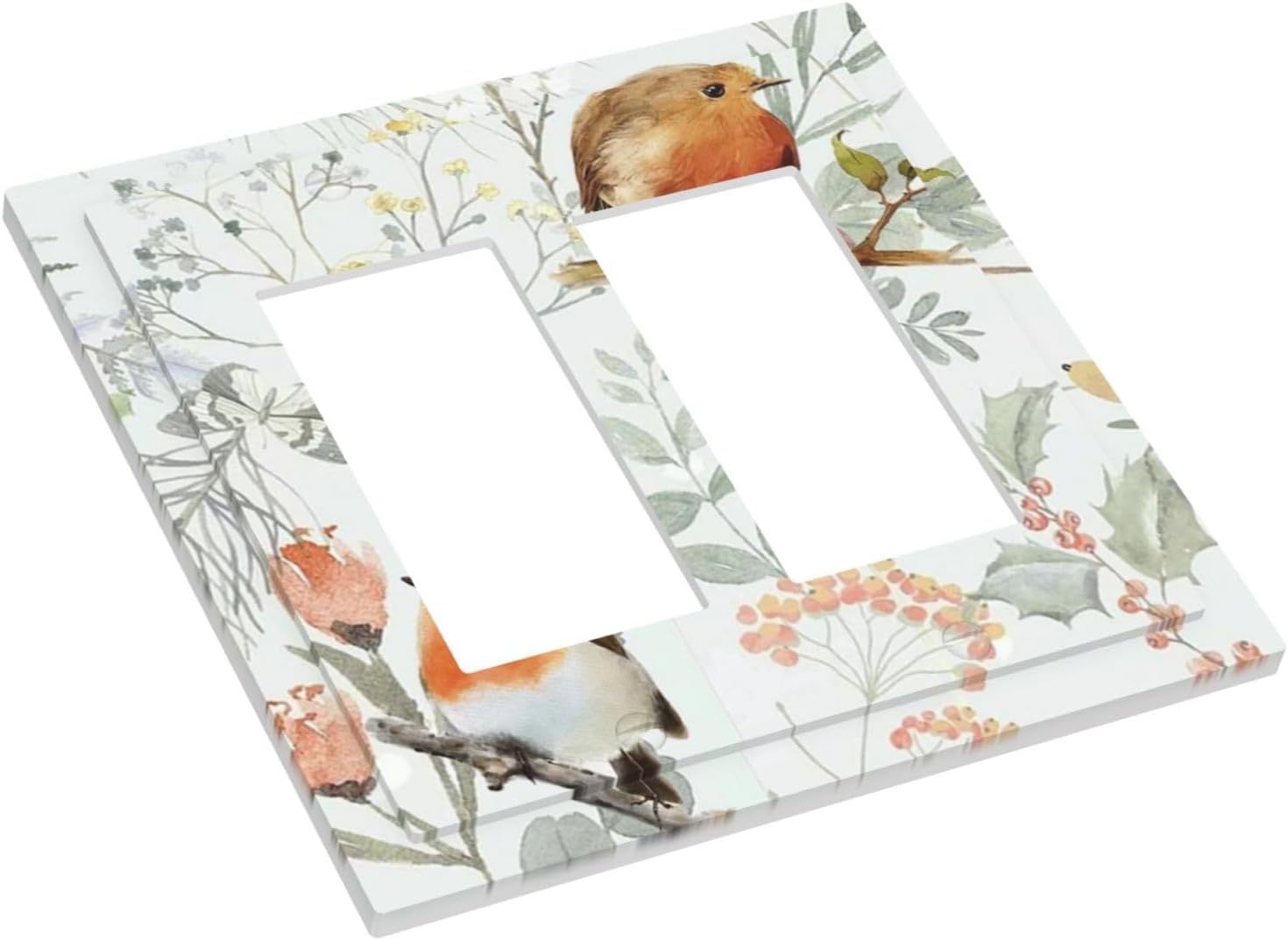 Decorative Outlet Covers Red Floral Berries Colorful Bird Plant 2 Gang Double Gfci Rocker Electrical Wall Panels Light Switch Cover Plate For Bed Room Living Room Decor