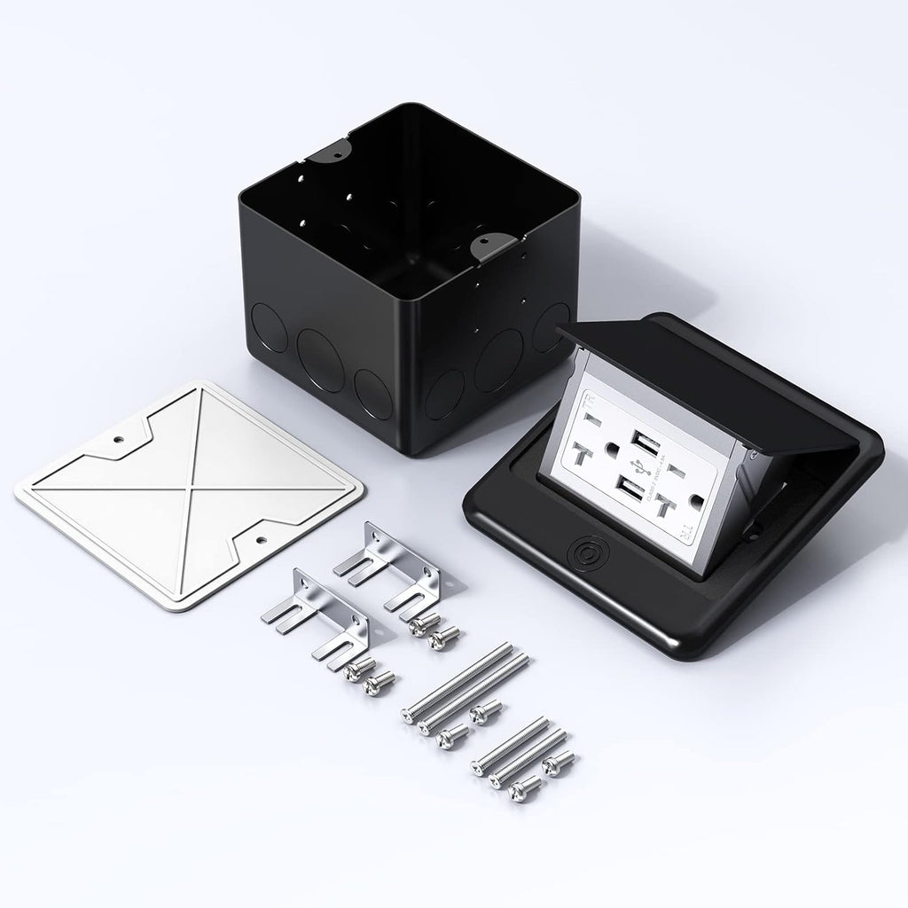 KYHSHJ 4.8A USB Chargers Pop Up Floor Waterproof Electrical Outlet Receptacle Stainless Steel Box,Black