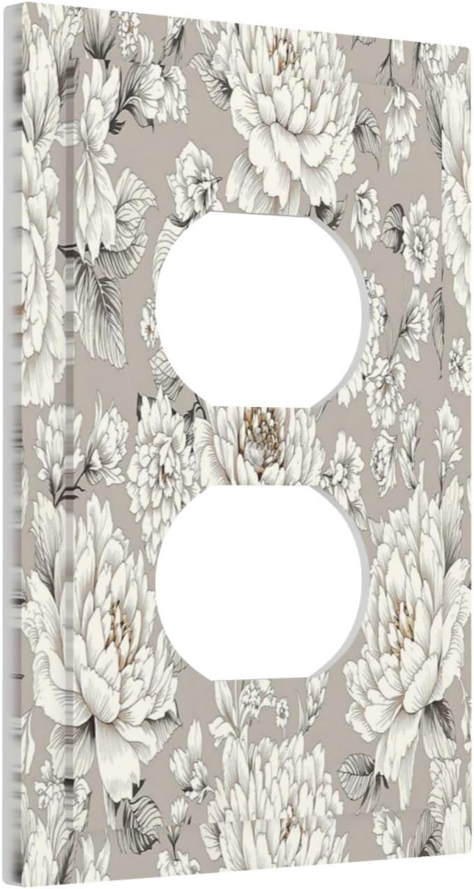 White Poppies Floral Modern Grey Peonies Flowers Outlet Covers 1 Gang Duplex Light Switch Cover Wall Plate Decorative Switch Plates Electrical Receptacle Faceplate for Bedroom Bathroom