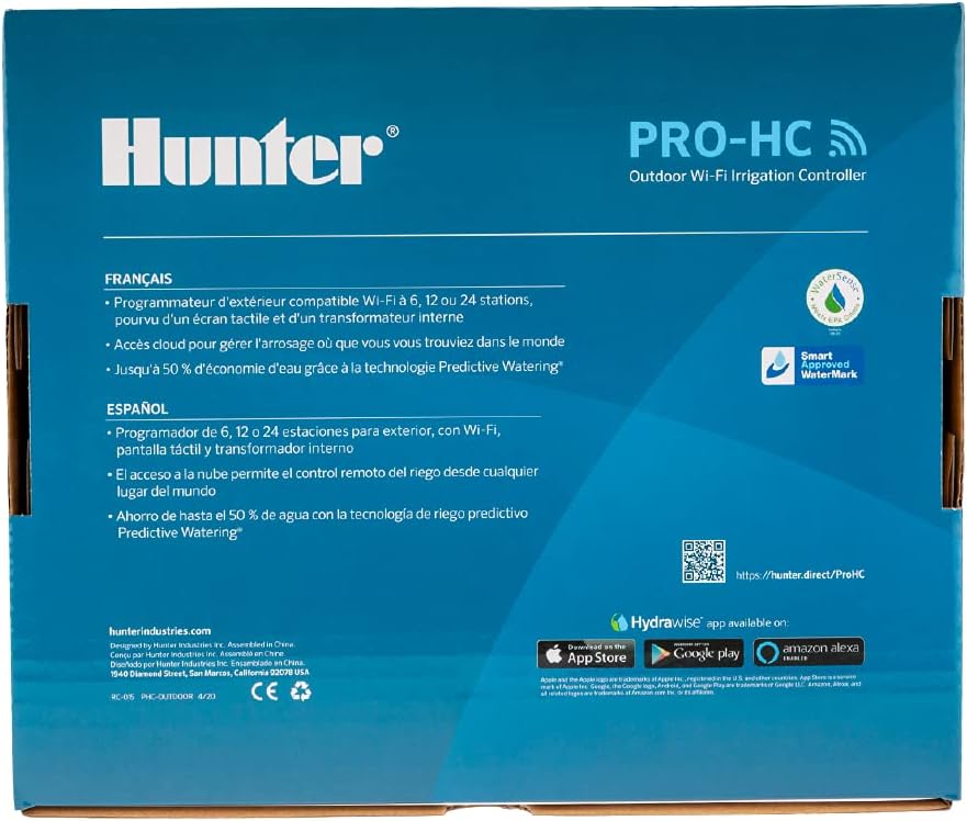 Hunter PRO-HC600 Smart WiFi Irrigation Controller, 6 Zone Outdoor & Indoor Sprinkler Timer, Hydrawise App Compatible, Weather-Based Scheduling, Flow Sensor Ready, Touchscreen