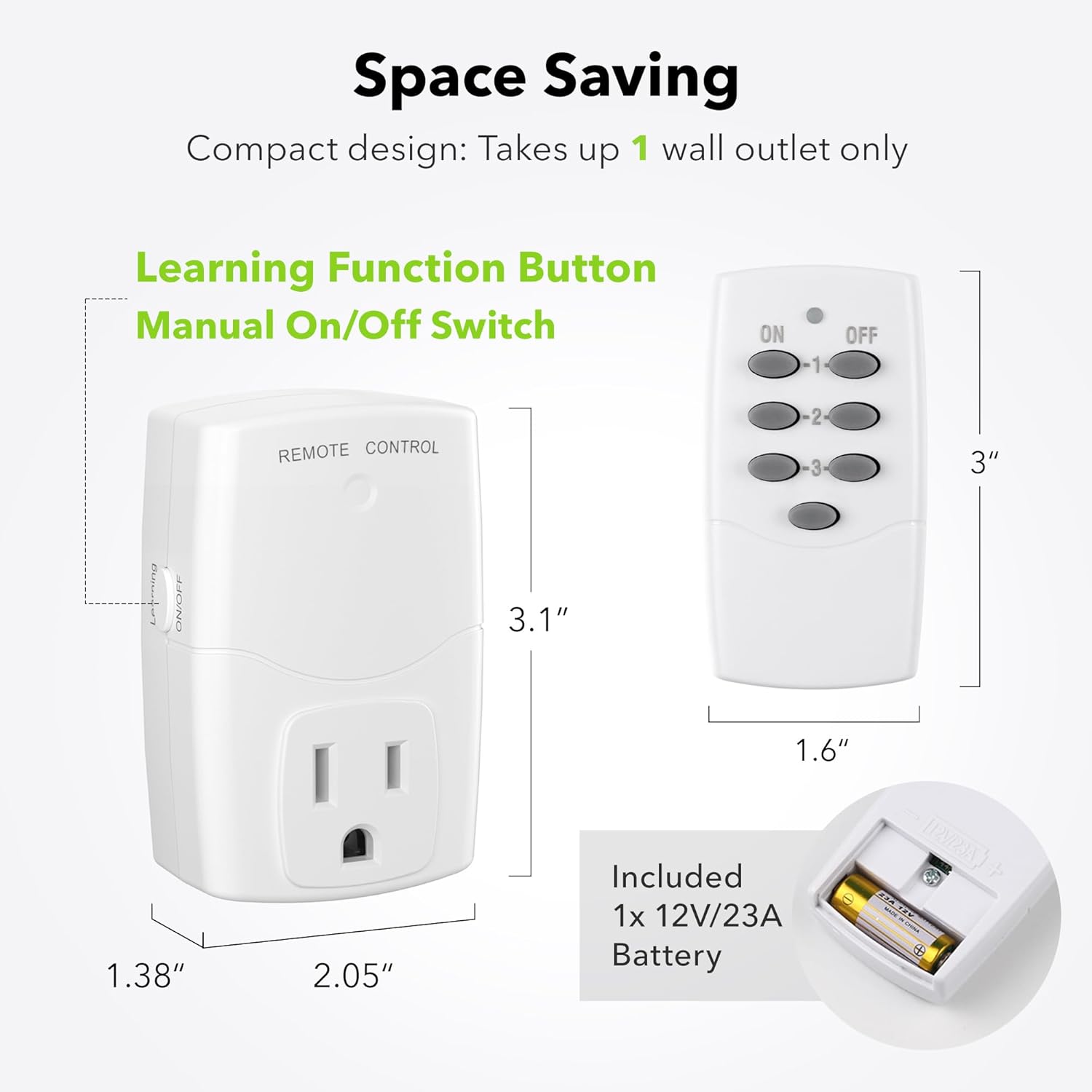 BN-LINK Mini Wireless Remote Control Outlet Switch Power Plug in for Household Appliances, Wireless Remote Light Switch, LED Light Bulbs, White (1 Remote + 3 Outlet) 1250W/10A