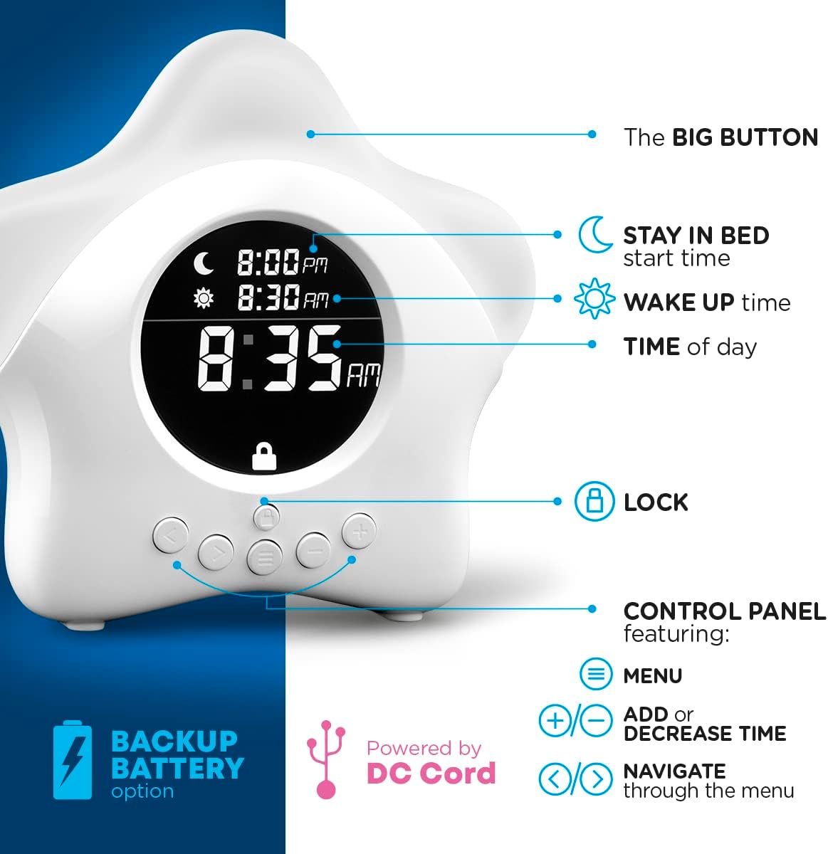 Stay-in-Bed Clock for Kids - Toddler Sleep Trainer, Night Light & Alarm