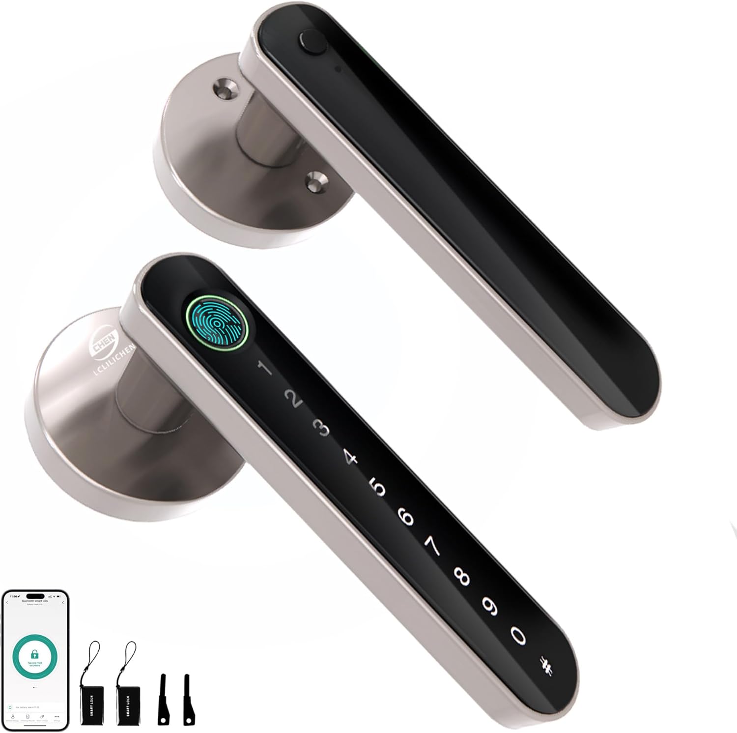 Smart Electronic Fingerprint Door Lock, Keyless Entry with Handle, Codes, APP, IC Cards, Fingerprints, Keys, for Home Bedroom Apartment (Silvery)