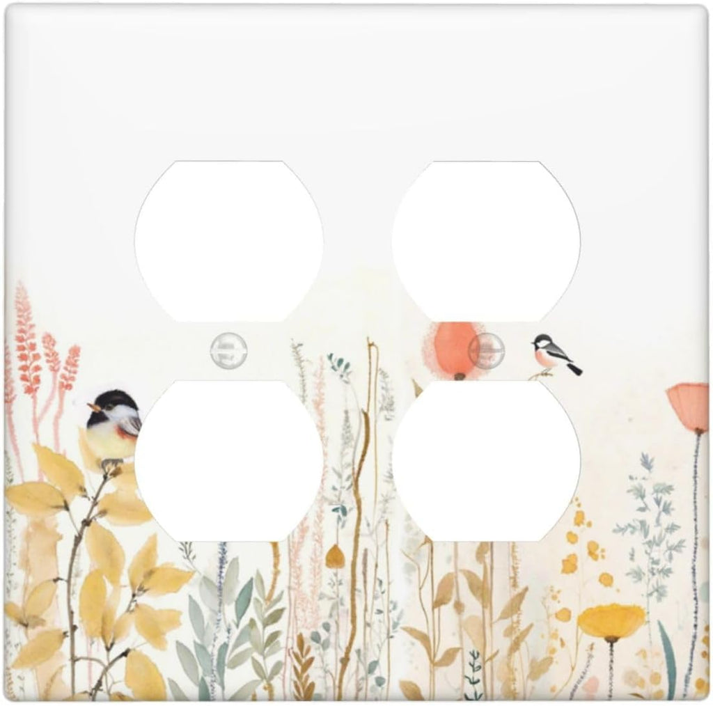Outlet Covers Colorful Floral Watercolour Cuddly Bird 2 Gang Double Duplex Decorative Light Switch Covers Electrical Wallplates Socket Faceplate For Bed Room Living Room Decor
