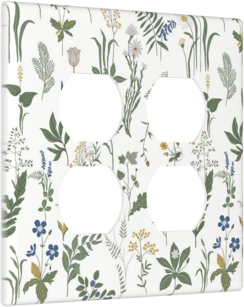 Outlet Covers Floral Green Leaf Plant Flowes 2 Gang Double Duplex Decorative Light Switch Covers Electrical Wallplates Socket Faceplate For Bed Room Farmhouse Decor