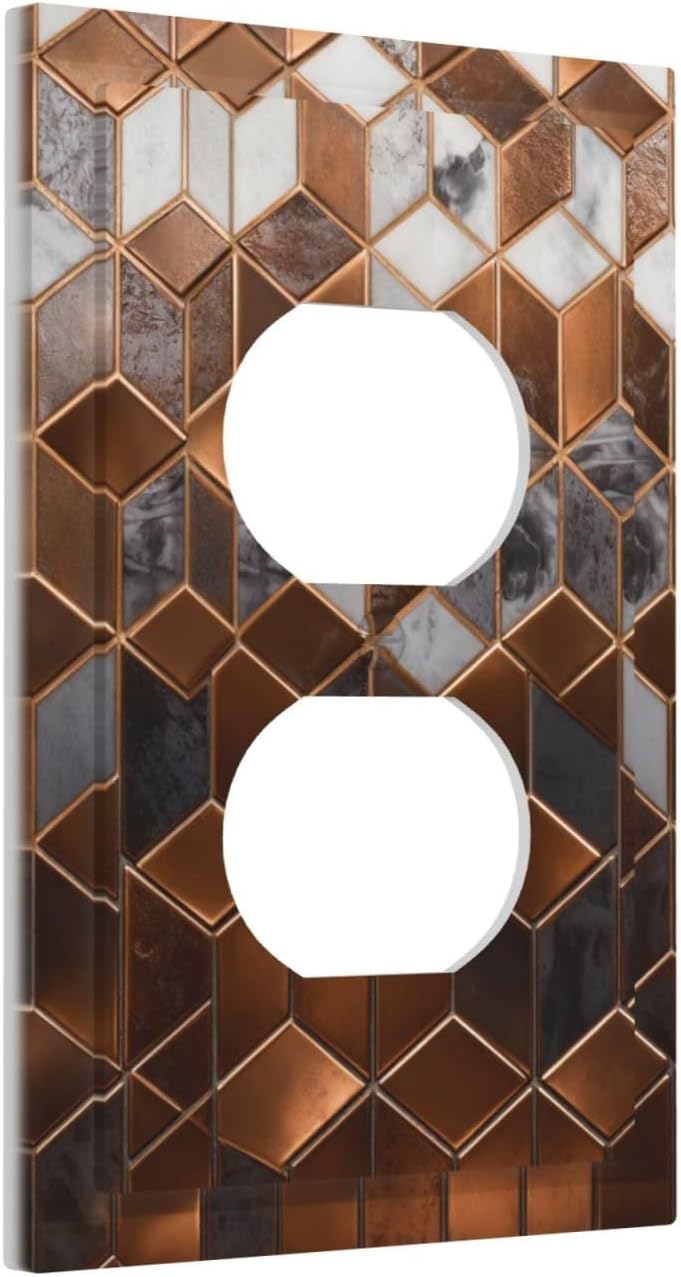 Brown Abstract Luxury Modern Geometric Cubic Marble Duplex Outlet Decorative Light Switch Covers Electrical Faceplate Switch Plates for Bathroom Kitchen Home