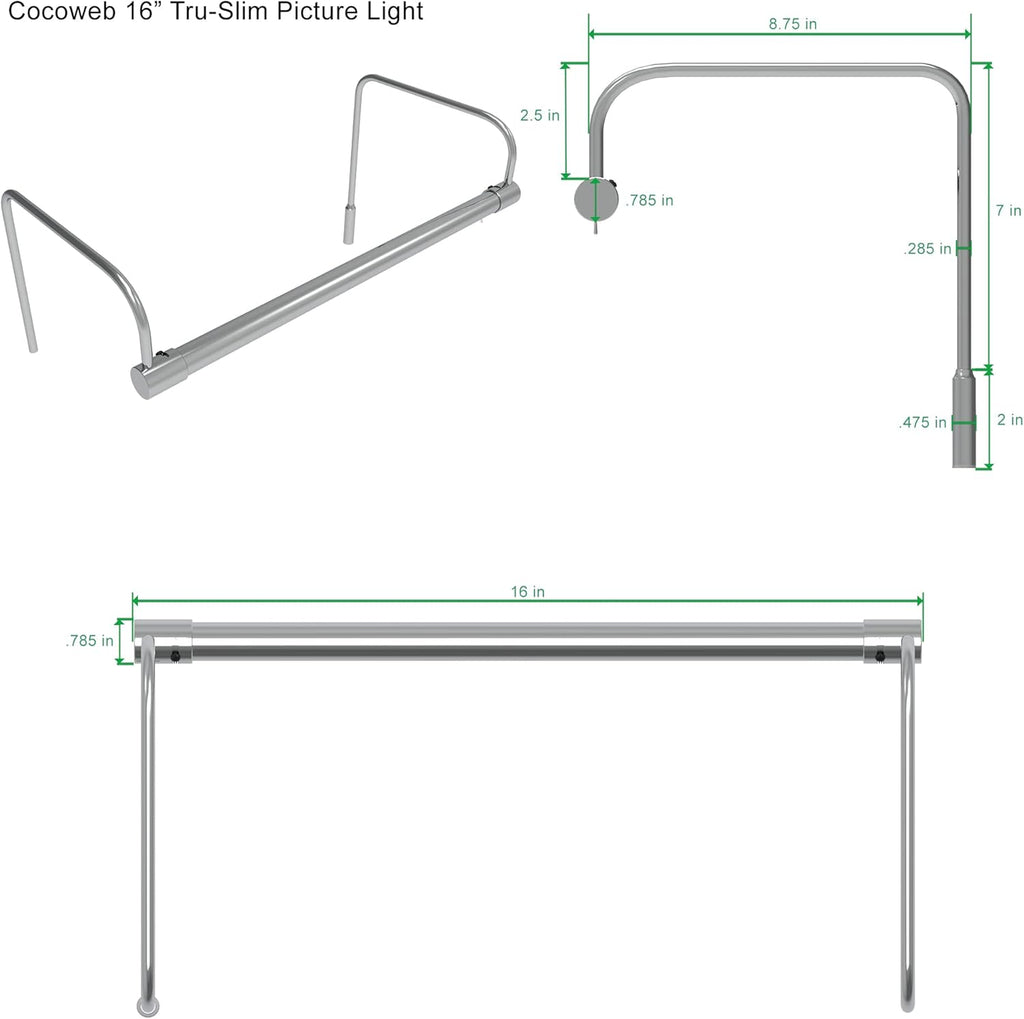 Cocoweb 16 Inch Tru-Slim Chrome Picture Light - LED, 2700K, Adjustable Arm, Plug-in, Toggle Switch, Sleek and Compact Design