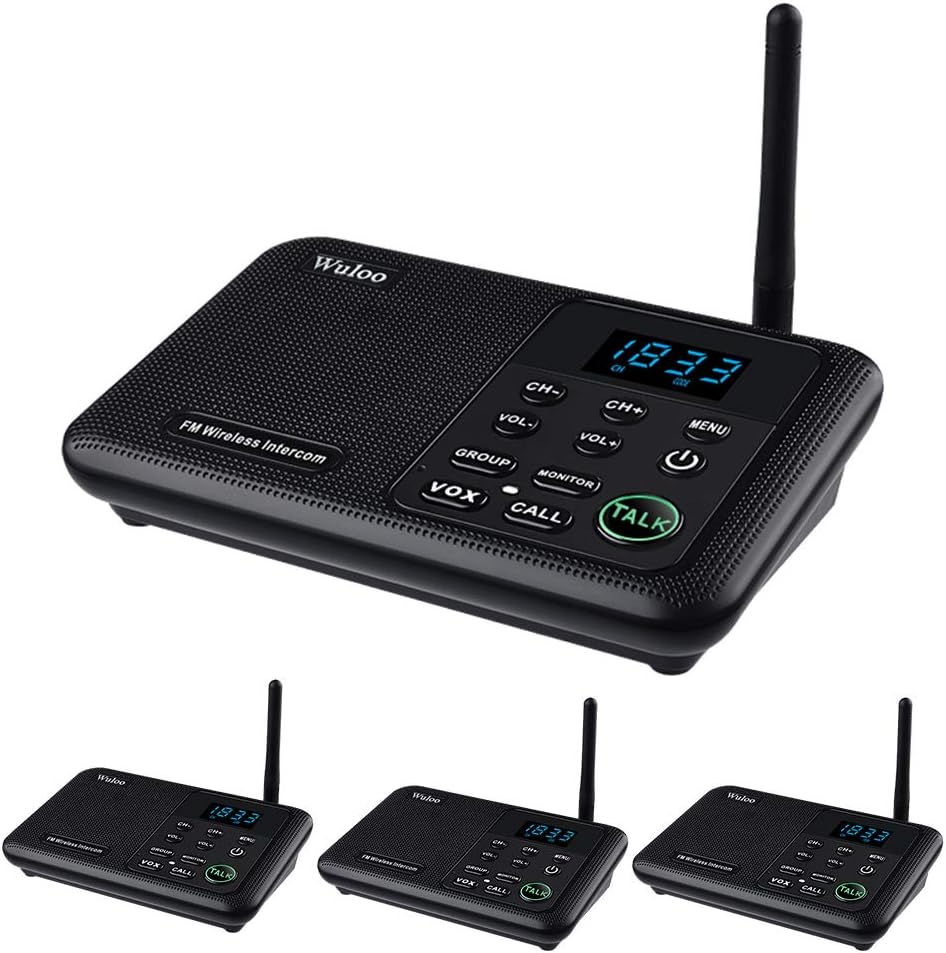 Wuloo Intercoms Wireless for Home 1 Mile Range 22 Channel 100 Digital Code Display Screen, Wireless Intercom System for Home House Business Office, Room to Room Intercom Communication(4Stations Black)