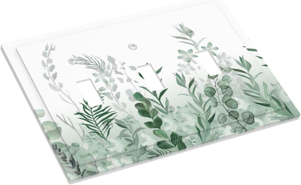 Watercolor Green Leaf Rustic Plant Eucalyptus Flowers Decorative Switch Plates 3 Gang Wall Plate Triple Toggle Light Switch Cover Faceplate Electrical Wall Panels for Bed Room Living Room Decor