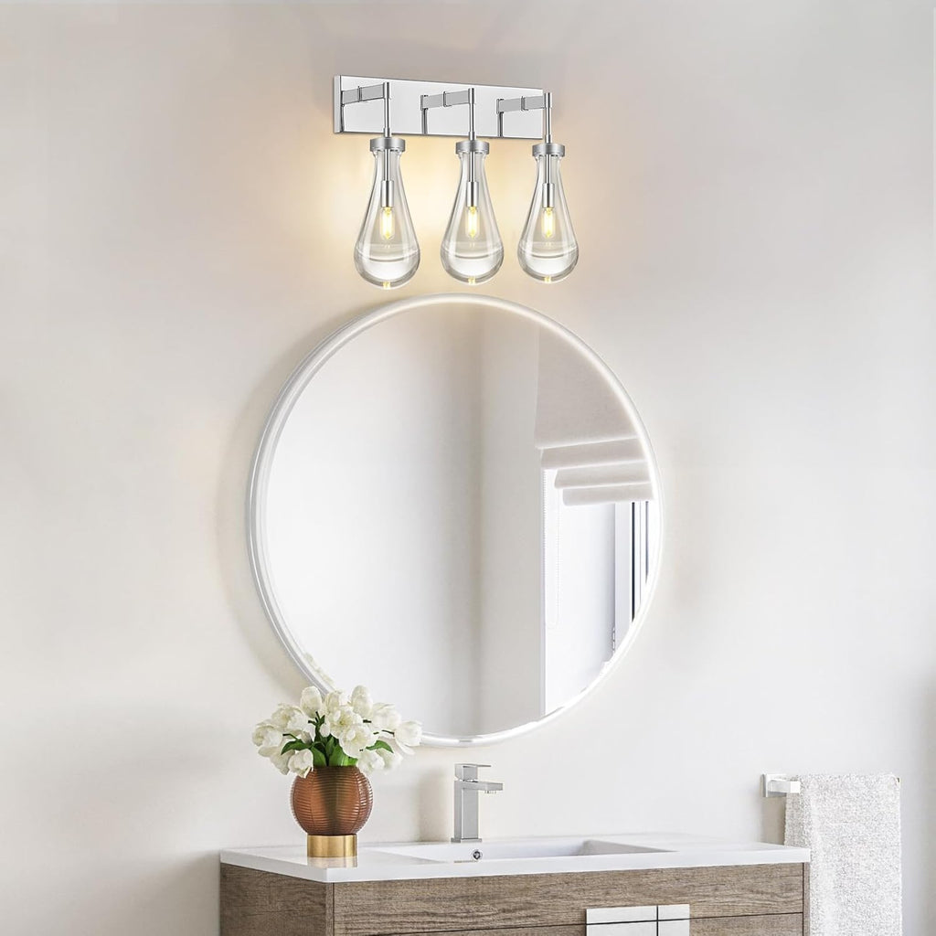 Raindrop Wall Sconces Chrome Crystal Sconces Wall Decor Modern Lighting Glass Bathroom Sconces Indoor Vanity Light Wall Lamp for Bedroom Living Room Stair(3-Light)