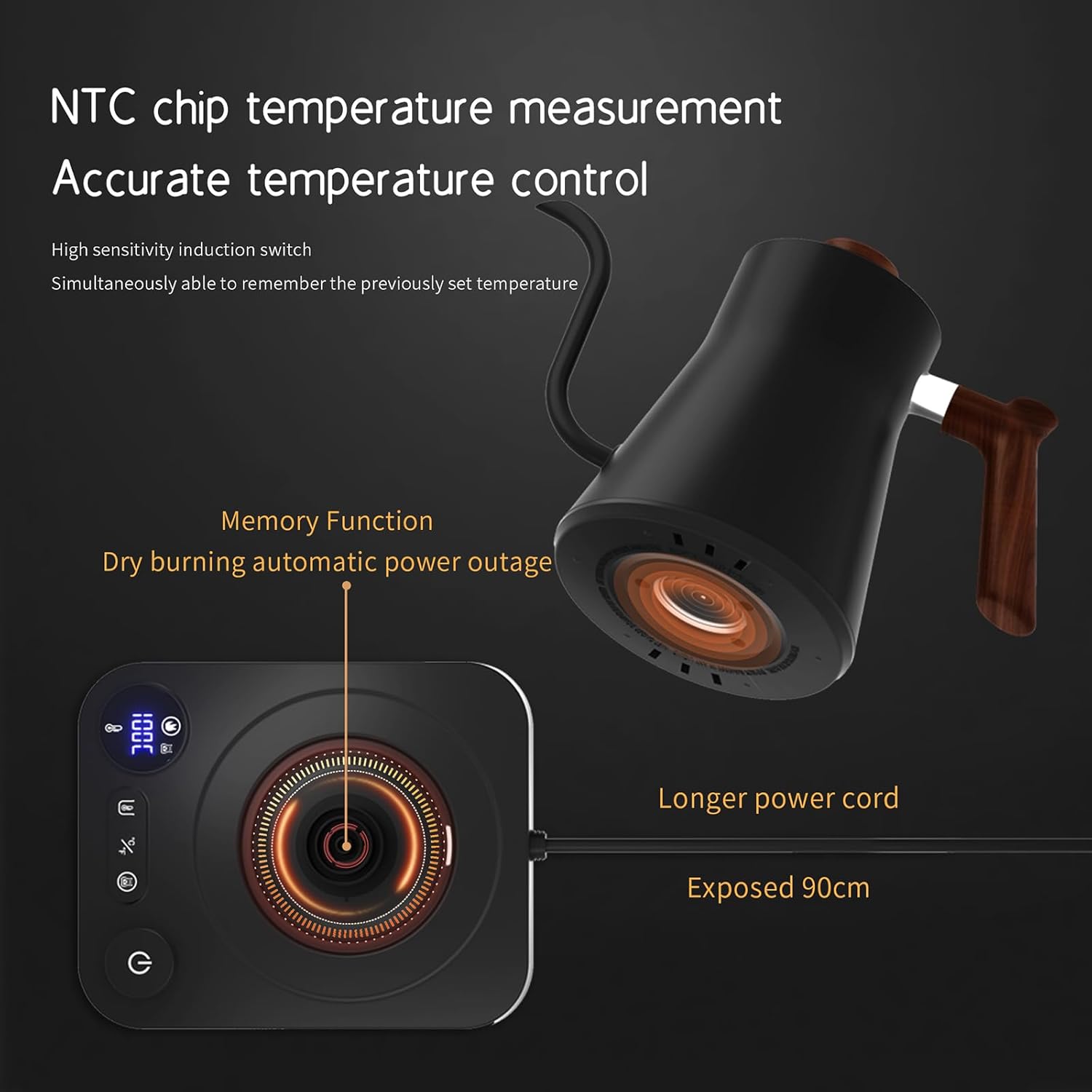 Gooseneck Electric Kettle,Electric Kettles, ±1℉ Temperature Control, Ultra-Quiet 304 Stainless Steel, for Coffee, Tea & Milk, Auto Boil Detection, 8 Safety Protections & Memory Function(Black，0.9L)
