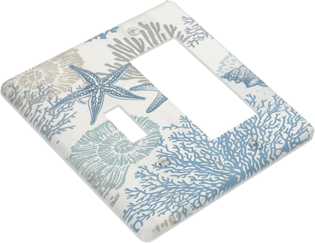 Decorative Outlet Covers Blue Starfish Coral Seaweed 2 Gang Wall Plate Single Toggle 1 Rocker Light Switch Cover Switch Plate Covers for Bathroom Bedroom Home Decor
