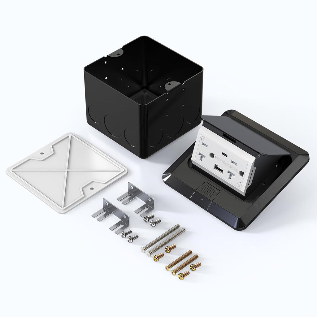 KYHSHJ USB Pop Up Floor Socket Kit with 2 * 20A Receptacle，4.8A 1 USB-A Ports &1 USB-C Port，Corrosive Resistant Hardware,Black