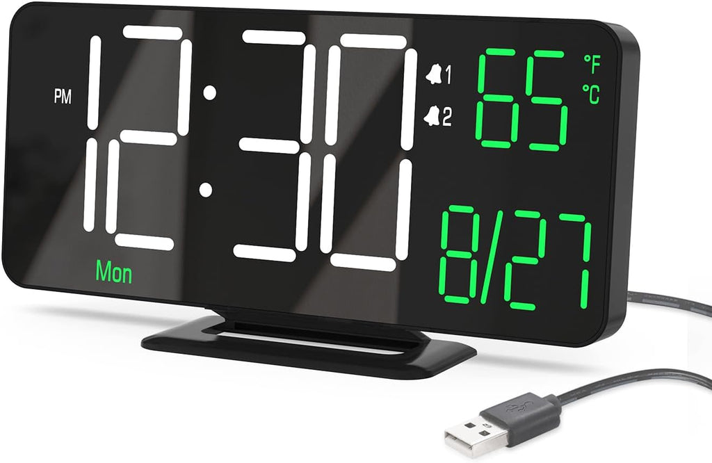 KOSUMOSU Digital Clock for Bedroom, 6.7in Black Alarm Clocks for Bedrooms,Auto Dimming, Date, Day of Week, Indoor Temperature,Digital Alarm Clock,Clocks for Living Room