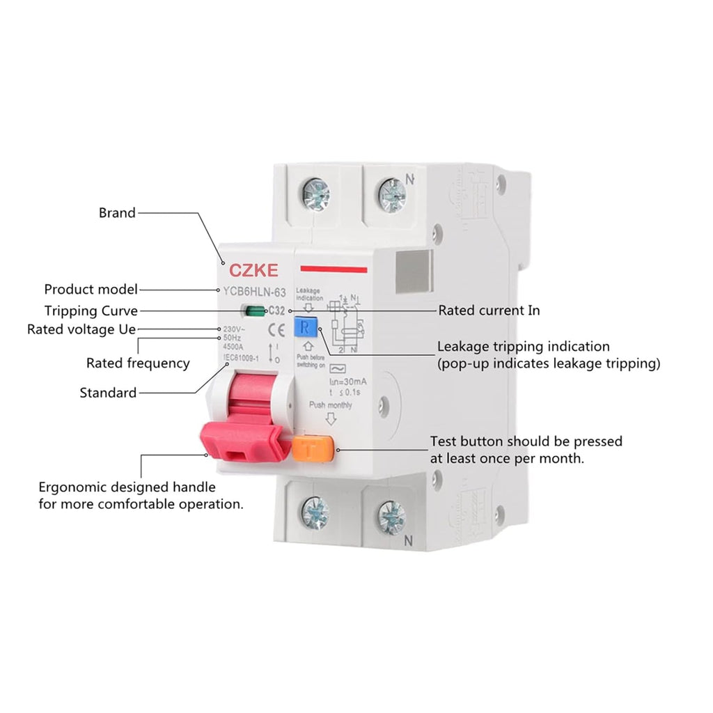CZKE 30mA RCBO MCB 230V 50/60 Hz Residual Current Circuit Breaker with Over Current and Leakage Protection 6/10/16/20/25/32/40A (Color : 1P N, Size : 16A)