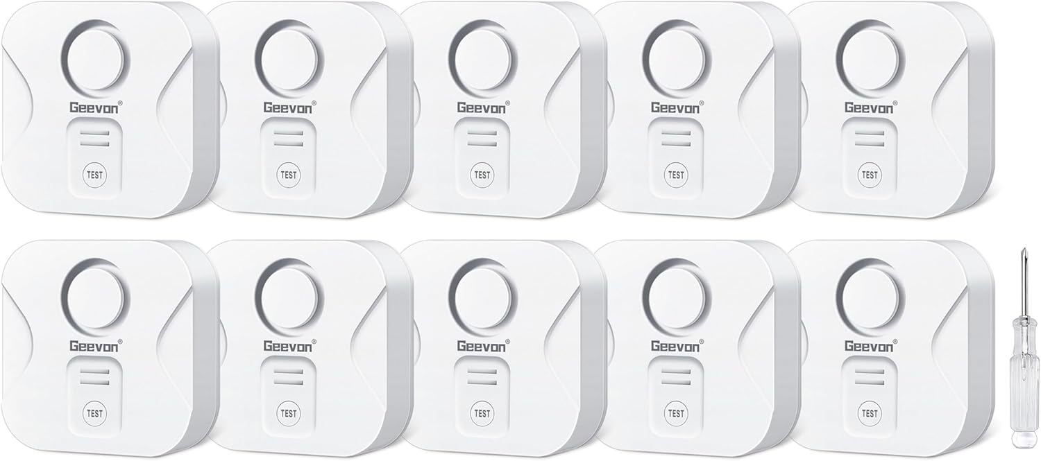 Geevon 10 Pack Water Leak Detectors for Home, 100dB Water Sensor Alarm Flood Leakage Detection Devices for Bathroom, Basements, Laundry Rooms, Kitchen, IP56 Waterproof(Battery＆Screwdriver Included)