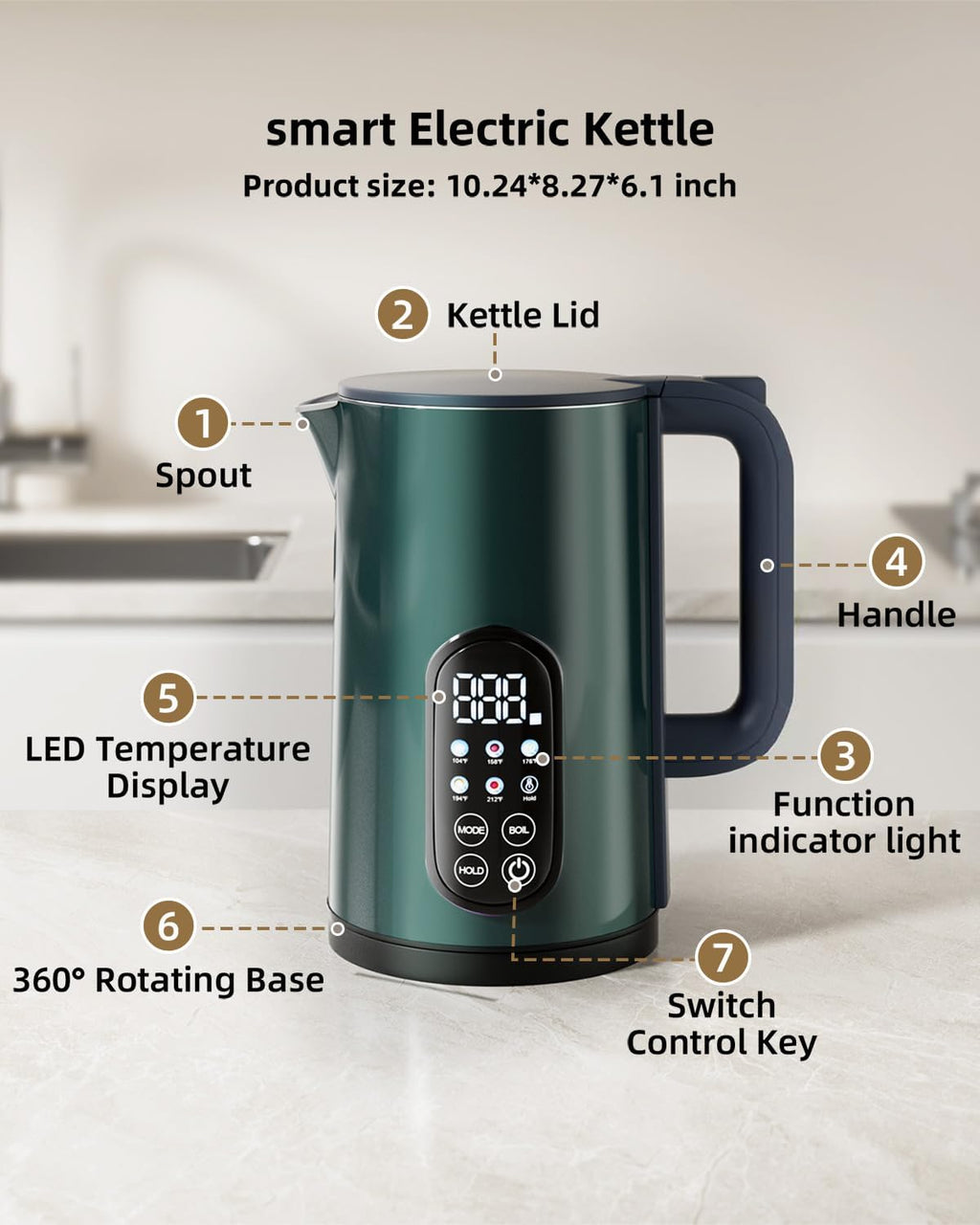 Electric Kettle temperature control 1.7-liter stainless steel kettle,Five Temperature Control Modes,Two-hour heat retention,Green
