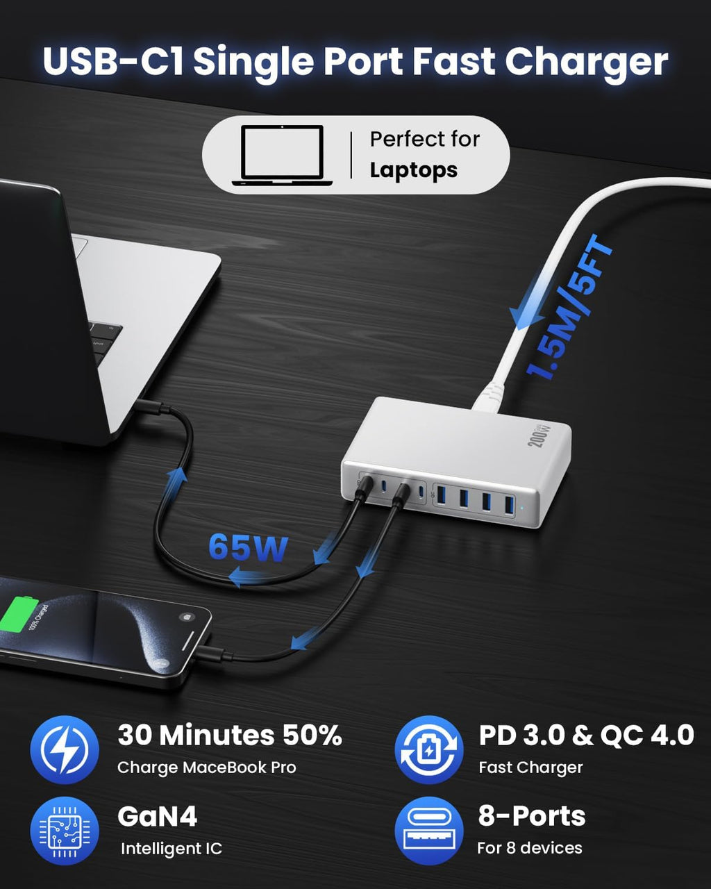 200W USB C Charger Block,GaN IV Charging Station 8 Ports,QC4.0 Fast Charging Station Hub+PD 65W USB C Laptop Charger Adapter Compatible with MacBook Air/Pro,DELL,iPhone 17/16/15,iPad,Steam Deck-White