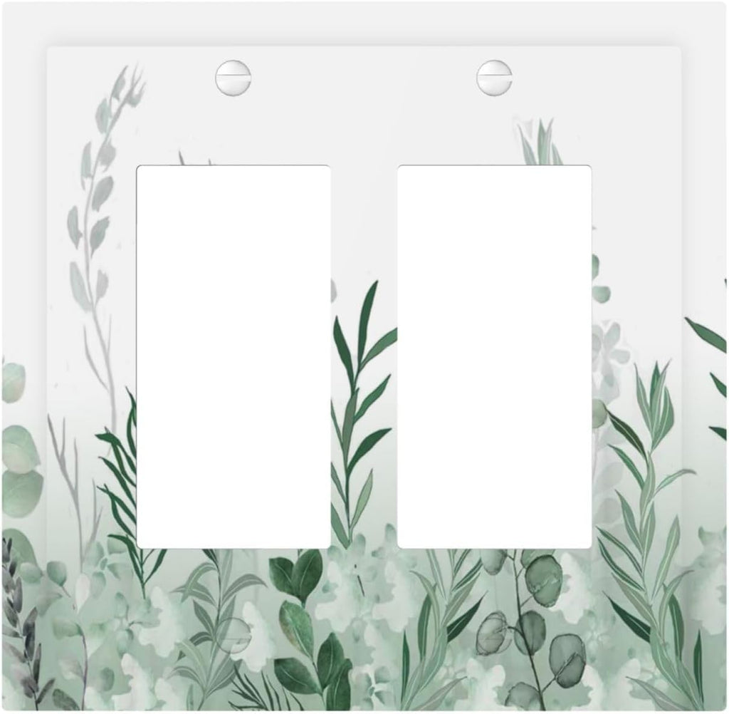 Watercolor Green Leaf Rustic Plant Eucalyptus Flowers Decorative Outlet Covers 2 Gang Double GFCI Rocker Electrical Wall Panels Light Switch Cover Plate for Bed Room Living Room Decor
