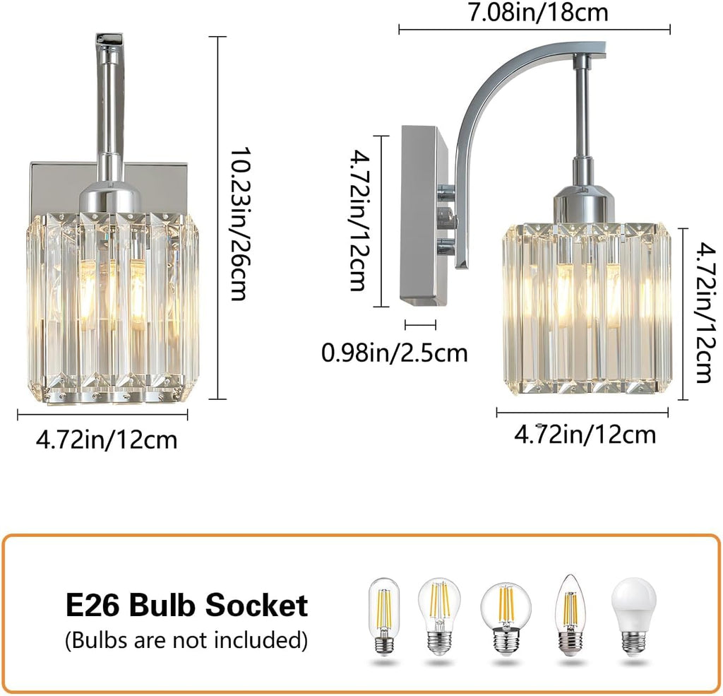Wall Sconces, Set of 2 Chrome Crystal Vanity Lights, Modern Wall Lamp for Bathroom, Hallway, and Makeup, Easy Installation