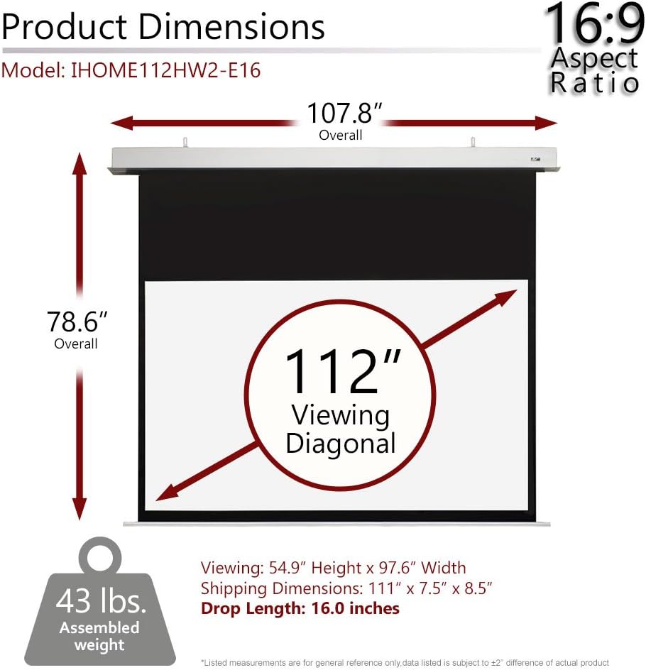 Elite Screens Evanesce, 112" 16:9, Recessed in-Ceiling Motorized Projector Screen and Installation Kit, 8k/4K Ultra HD Ready, Matte White Fiberglass, Reinforced Projection Surface, IHOME112HW2-E16
