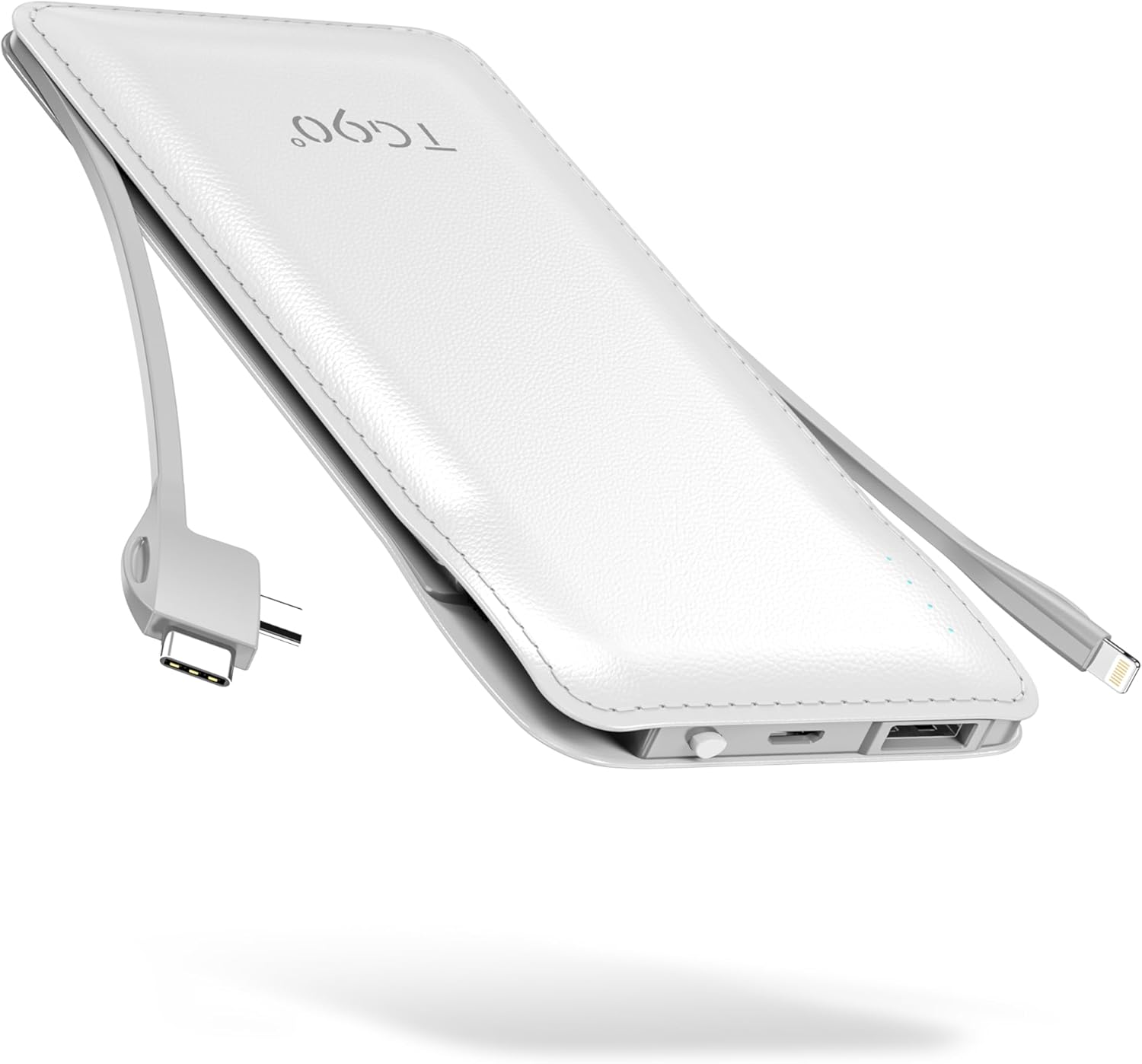 TG90° 10000mAh Power Bank Built-in Cables, Pocket Size USB C Portable Charger, 3A Fast Charging External Battery Pack, Travel Essential Phone Powerbank Compatible with iPhone Samsung iPad White