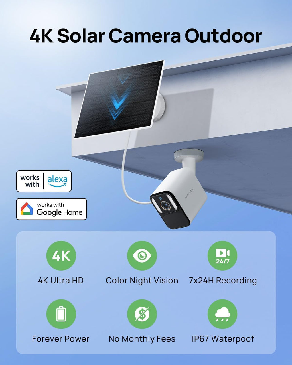 Anona Aurora 4K Solar Security Cameras Wireless Outdoor, Forever Power with Solar Panel, 8MP Color Night Vision, 24/7 AOV Recording, No Monthly Fees, AI Detection, Easy Setup, 2.4 GHz Wi-Fi, IP67