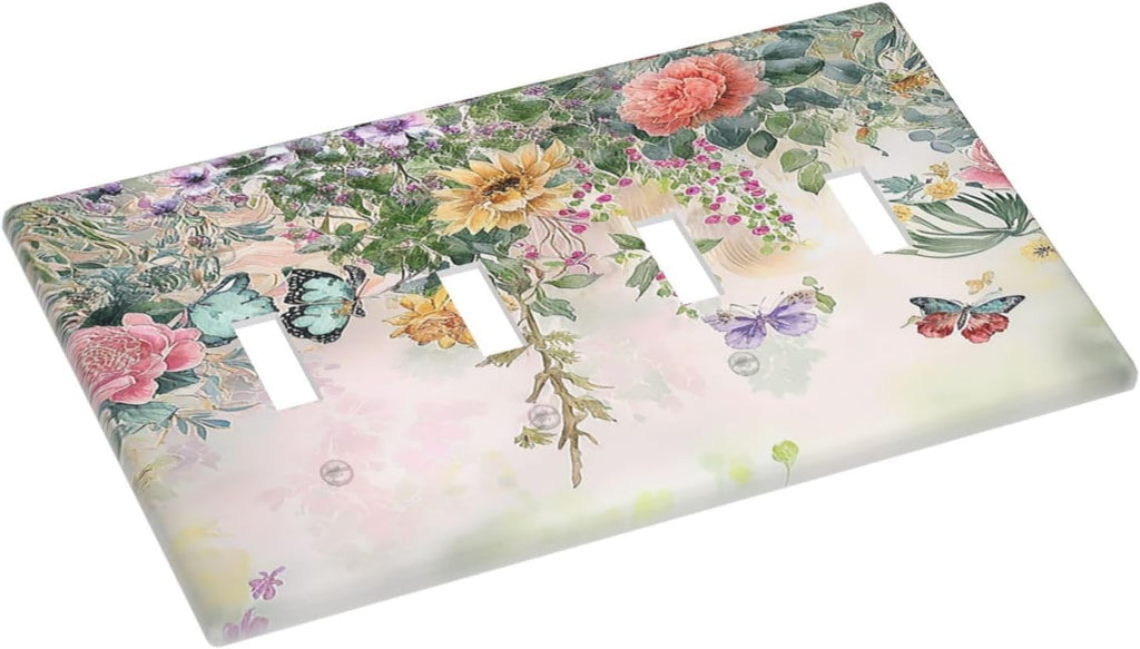 Light Switch Cover Plate Rustic Floral Watercolor Flower Blossom Butterfly Quad Toggle Wall Plates Decorative Switch Plates 4 Gang Outlet Covers Electrical Panel Cover Faceplate for Home 4.5 X 8 IN