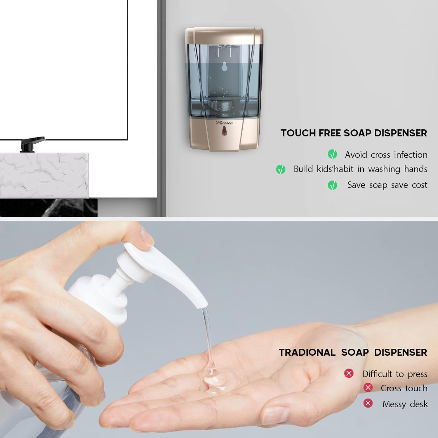 Automatic Soap Dispenser Wall Mount, Hand Sanitizer Dispenser 600ml Gel Liquid Touchless Hand Soap for Home Hospital School Office,Gold