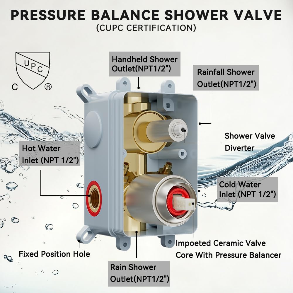Shower Systems STARBATH 12+6" Round Dual Rainfall Shower Head with Handheld Spray for Two People, Wall Mounted 3 Way Rain Shower Faucet Sets Complete, Included Valve and Trim Kit, Brushed Nickel