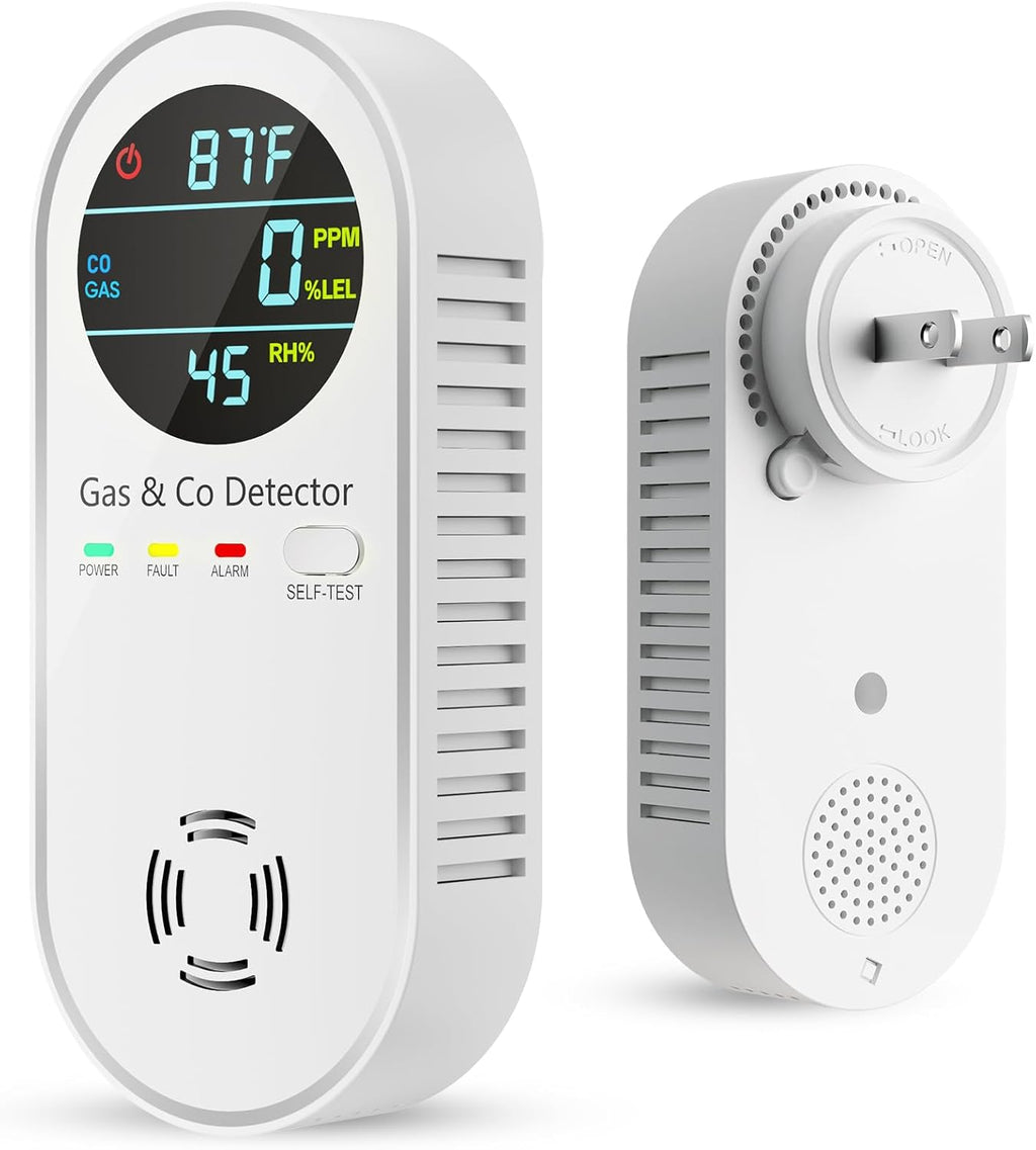 Carbon Monoxide Detectors & Natural Gas Detector, 4-in-1 Carbon Monoxide Detectors Plug in, Gas Leak Detector with Dual Alarms, Temperature & Humidity Sensor for Home, RV Essentials, White, 1 Pack