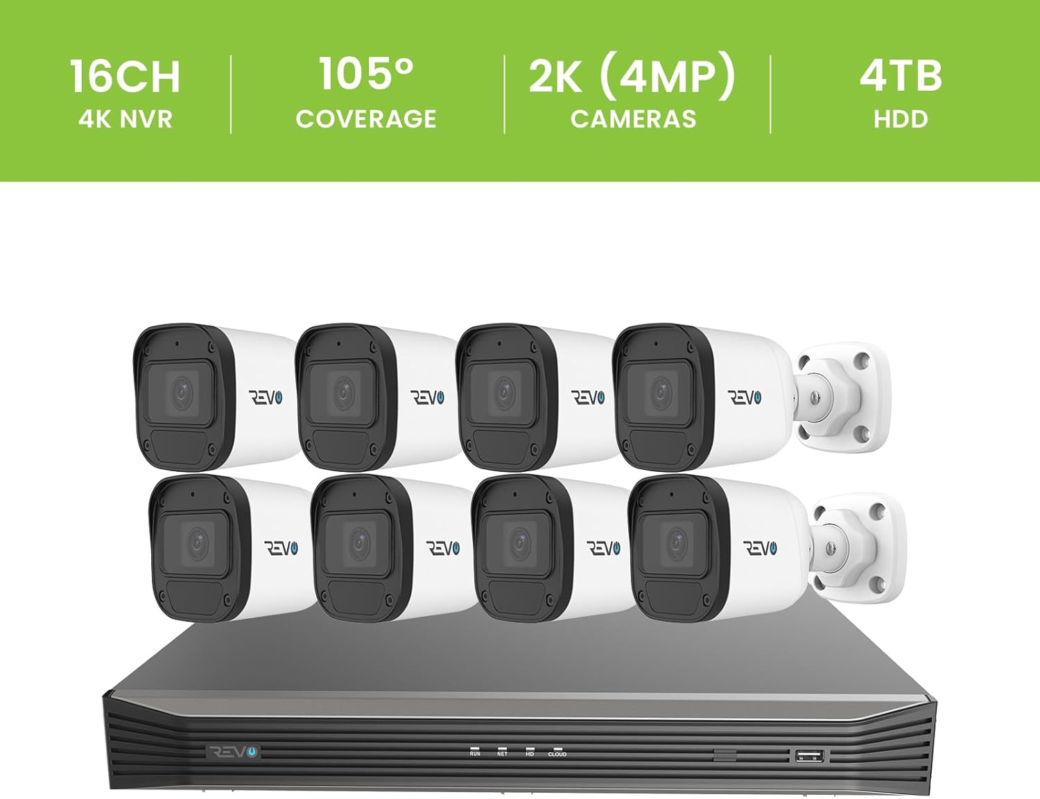 Revo Ultra Blue Series 16CH 4K POE H.265 NVR, 4TB & 8X 2K (4 Megapixel) Indoor/Outdoor IR Cameras with Built-in Mic – Remote Access Via Pc, Mac & Phone (No Monthly Fee)