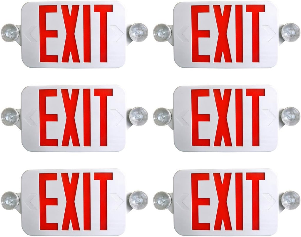 Supreme LED 6 Pack All LED Decorative Red White Exit Sign & Emergency Light Combo with Battery Backup (6 Pack), White/Red