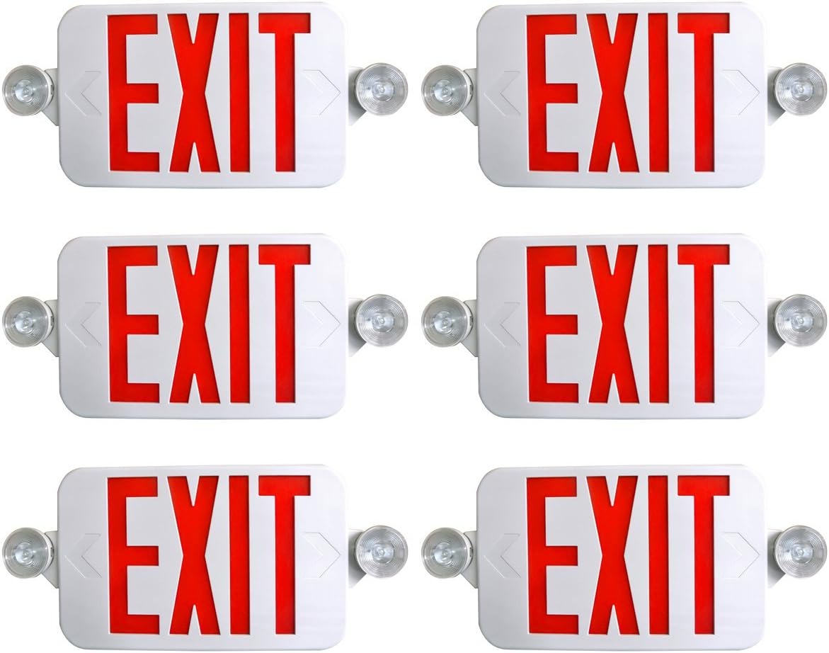 Supreme LED 6 Pack All LED Decorative Red White Exit Sign & Emergency Light Combo with Battery Backup (6 Pack), White/Red
