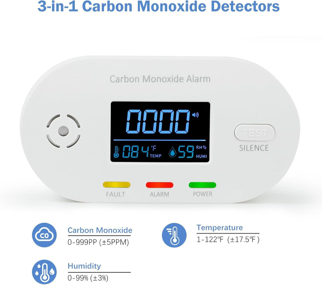 Carbon Monoxide Detectors,Plug in Carbon Monoxide Detector with CO Alarm Monitor Temperature Humidity Sensor,3-in-1 CO Detector with LCD Display for Home/Kitchen/Hotel/Bedroom (White)