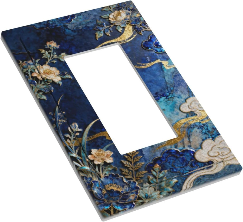 Decorative Outlet Covers Blue White Flower Gold Line Cloud 1 Gang Rocker Light Switch Cover Plate Single Wall Plates for Electrical Outlets Switch Plate Covers Faceplate for Home Decor