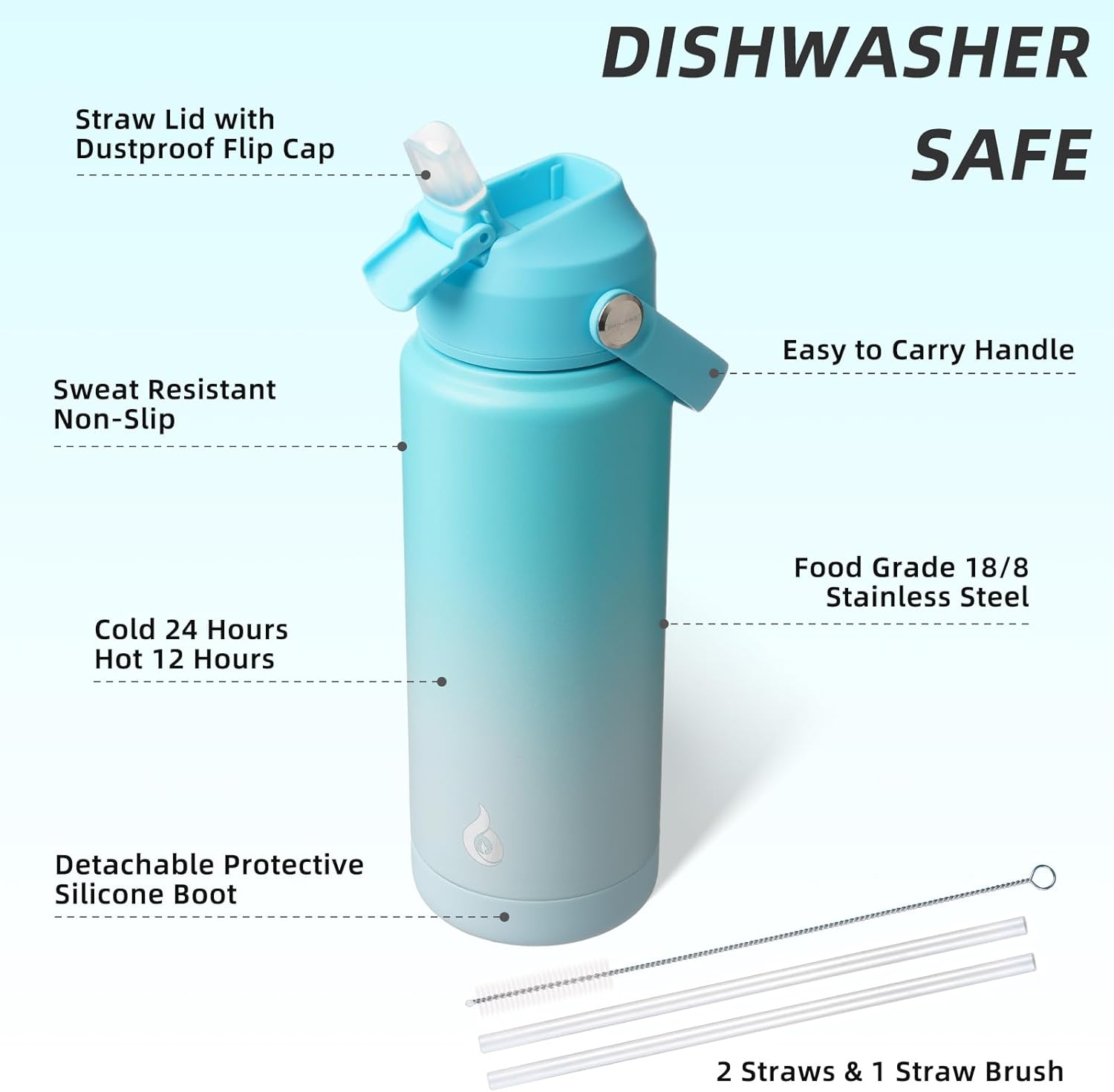 BJPKPK Water Bottle with Straw Lid, 24oz Vacuum Insulated Water Bottles, Metal Stainless Steel Thermo for Sports, Travel, BPA Free Leak Proof Thermo, Cups, Flasks, Tumblers,Sea Salt