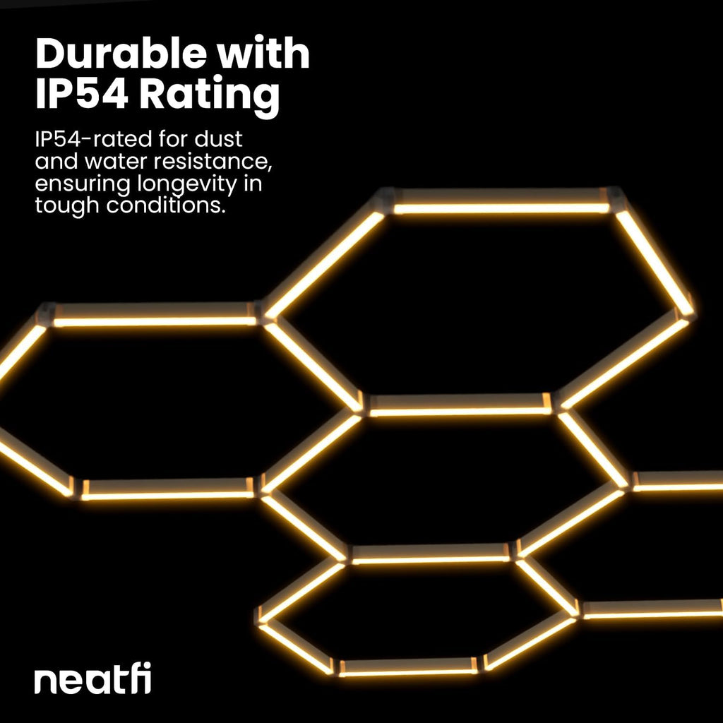 Neatfi LED Hexagon Garage Lights with 14,763 Lumens, 3 Light Modes (6900K/4300K/3000K), 133W Hexagon LED Lights for Car Detailing, Barber Shops, Basements, Beauty Salons & Gyms (5 Hex Grids, CCT)